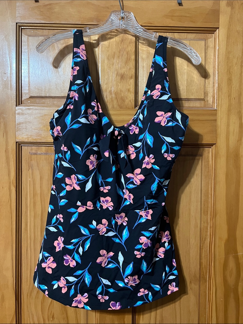 Lands’ End Black Floral V-Neck Tankini Top with Pink & Blue Flowers